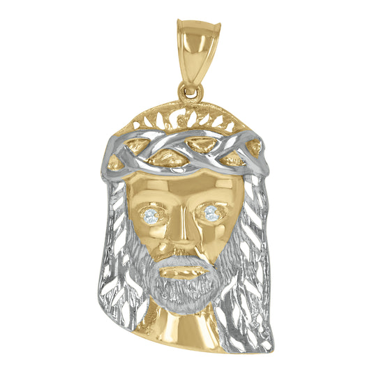 10K Two-Tone Gold Mens Women Cubic Zirconia Jesus Face Religious Charm Pendant