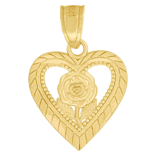 10K Yellow Gold Womens Flower Heart Charm Pendant