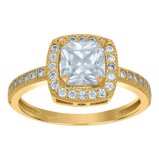 10K Two-Tone Gold Womens Round And Princess Cubic-Zirconia Square Halo Engagement Ring