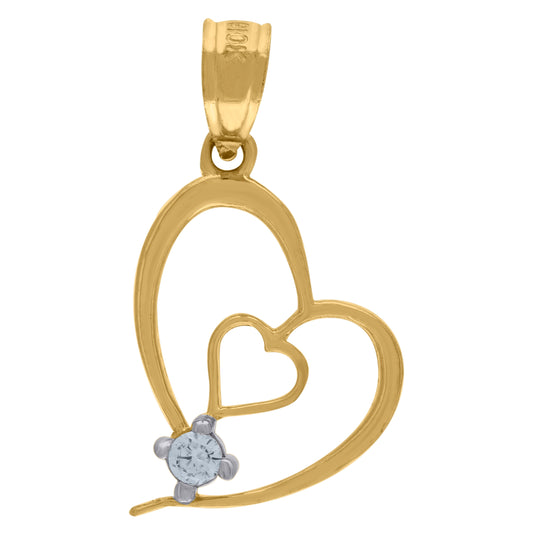10K Two-Tone Gold Womens Cubic Zirconia Cubic-Zirconia Double Heart Love Charm Pendant