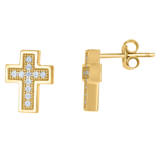 10K Two-Tone Gold Mens Cubic Zirconia Cubic-Zirconia Cross Religious Stud Earrings