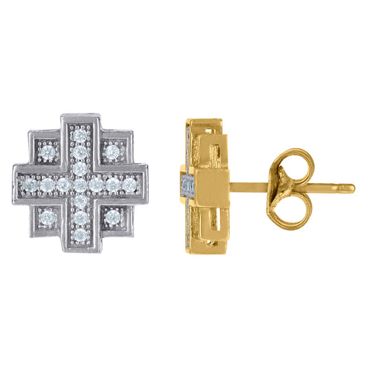 10K Gold Two-Tone Cubic-Zirconia Mens 10mm X 10mm Push Back Studs