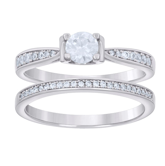 Sterling Silver Womens Cubic-Zirconia Fashion Duo Bridal Anniversary Wedding Engagement Band Ring Set