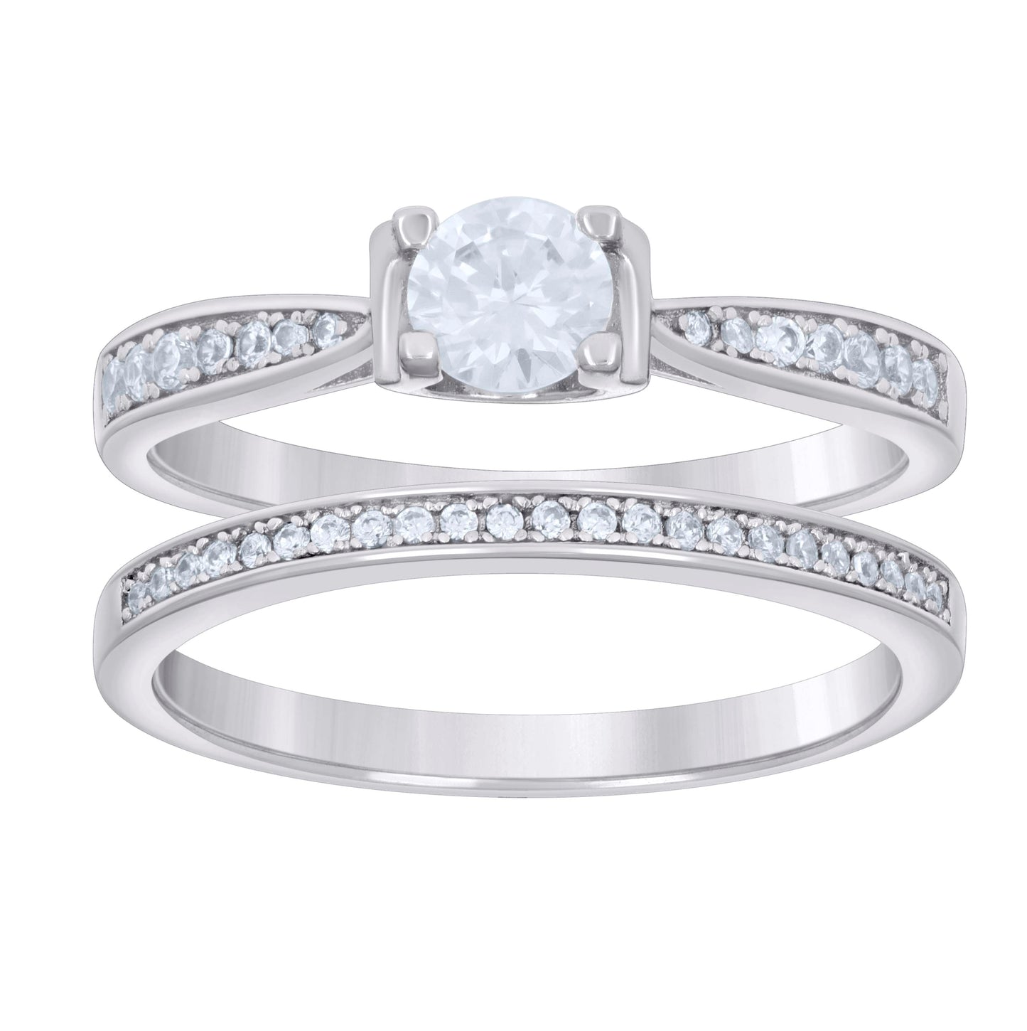 Sterling Silver Womens Cubic-Zirconia Fashion Duo Bridal Anniversary Wedding Engagement Band Ring Set