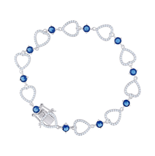Sterling Silver Womens Blue & White Cubic Zirconia Link Heart Bracelet