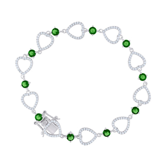 Sterling Silver Womens Green & White Cubic Zirconia Link Heart Bracelet