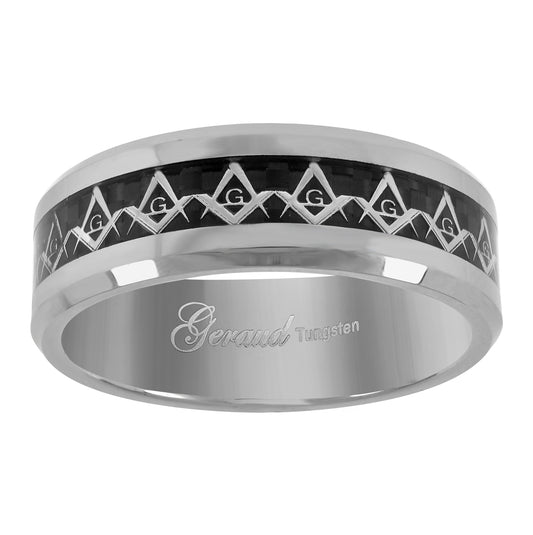 Tungsten Masonic Black Carbon Fiber Inlay Polished Mens Comfort-fit 8mm Sizes 7 - 14 Bridal Anniversary Engagement Wedding Band