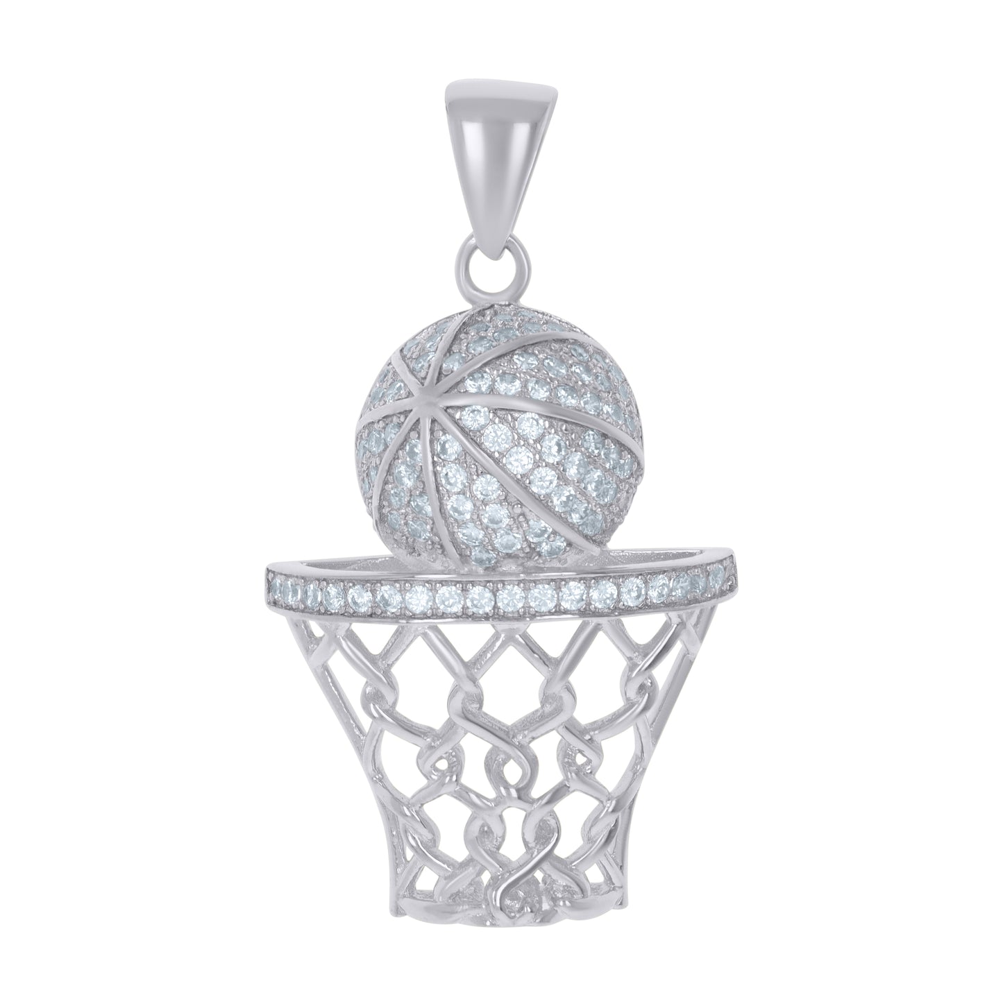 Sterling Silver Men Cubic-Zirconia Basket Ball Sports Charm Pendant