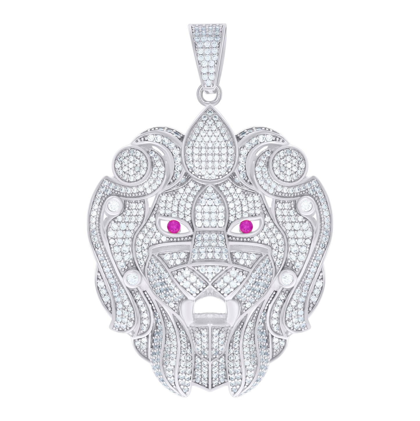 Sterling Silver White Mens Pink White Cubic-Zirconia Lion Head Charm Pendant