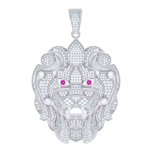 Sterling Silver White Mens Pink White Cubic-Zirconia Lion Head Charm Pendant