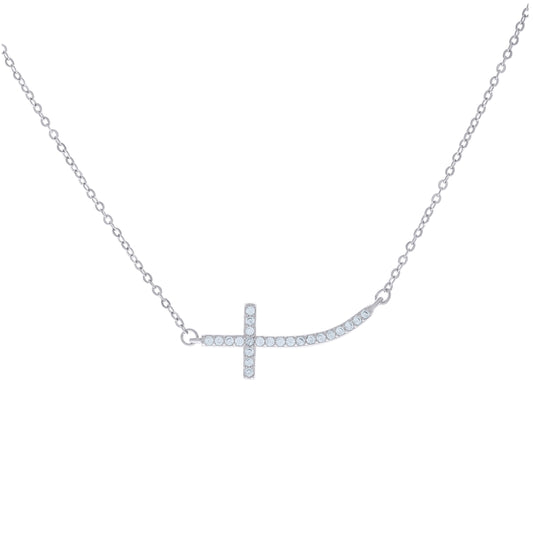Sterling Silver Women Cubic Zirconia Rolo Link Religious Cross Necklace