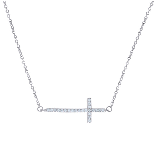 Sterling Silver Women Cubic Zirconia Rolo Link Cross Necklace