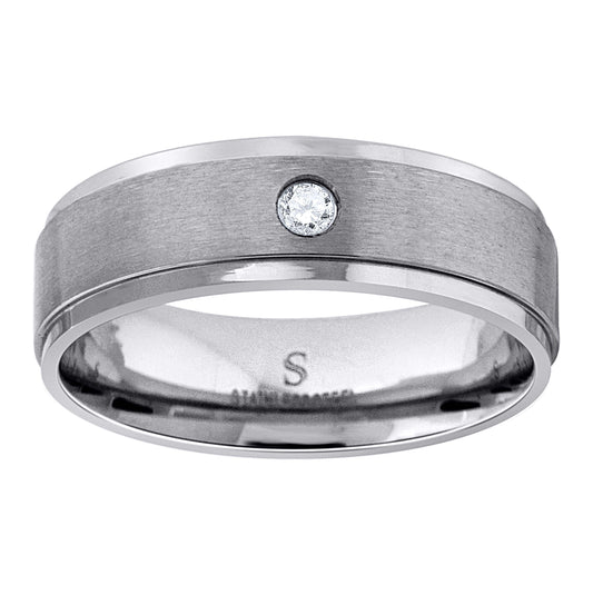 Stainless Steel Mens Cubic Zirconia Brushed Center With Step Edge Comfort-Fit Bridal Anniversary Wedding Engagement Band Ring