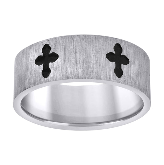 Stainless Steel Mens Brushed with Black Crosses Sizes 7 - 14 Comfort-fit Fashion Bridal Anniversary Wedding Engagement Band Ring
