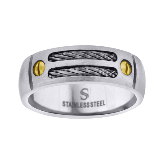Stainless Steel Mens Cable Rope Inlay Screw Accent Band Comfort-Fit Fashion Bridal Anniversary Wedding Engagement Band Ring
