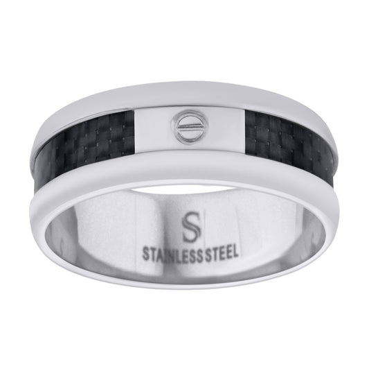 Stainless Steel Mens Carbon Fiber Inlay With Screw Accent Band Comfort-Fit Fashion Bridal Anniversary Wedding Engagement Band Ring