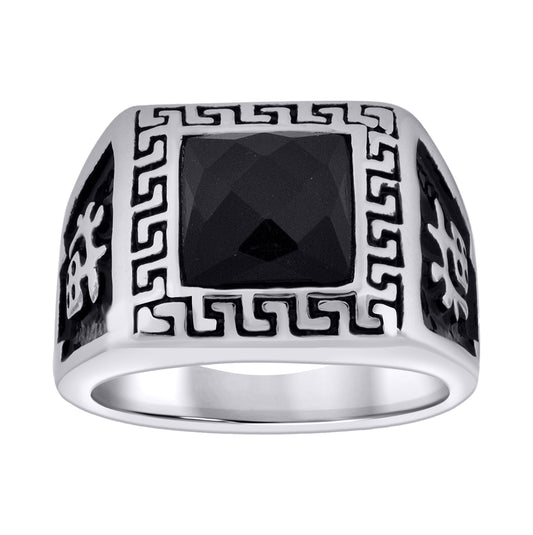 Stainless Steel Mens Square Facet Black Crystal Chinese Style Vintage Comfort-Fit Bridal Anniversary Wedding Engagement Band Ring