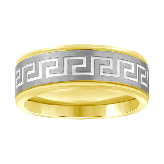 Stainless Steel Mens Two-Tone Greek Key Pattern Center Brushed Step Edges Comfort-Fit Band