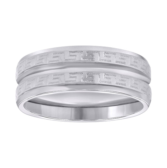 Stainless Steel Or Two-Tone Mens Center Grooved Greek Key Pattern Sizes 7 - 14 Comfort-Fit Fashion Bridal Anniversary Wedding Engagement Band Ring