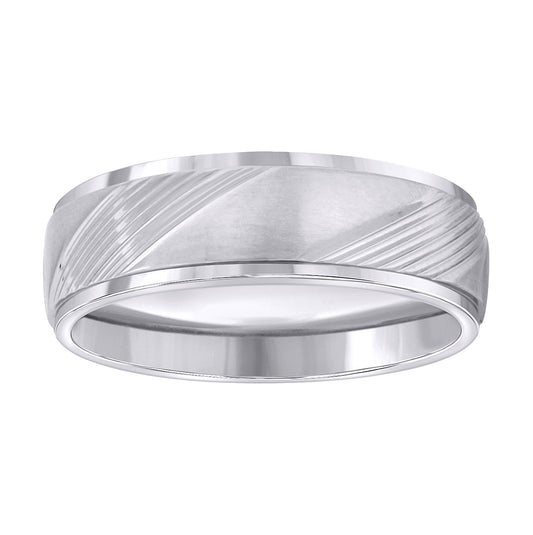 Stainless Steel Mens Laser Cut Diagonal Lines Brushed Center Step Edges Comfort-Fit Band