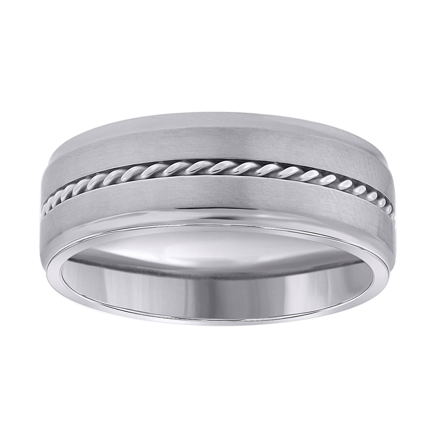 Stainless Steel Mens Rope Lined Center With Brushed Sides Step Edges Comfort-Fit Bridal Anniversary Wedding Engagement Band Ring