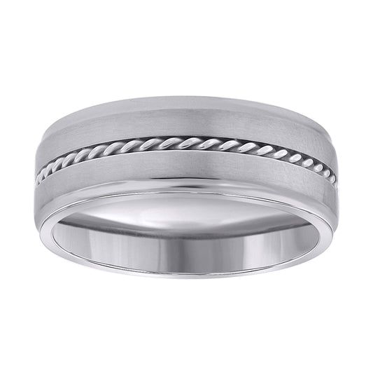 Stainless Steel Mens Rope Lined Center With Brushed Sides Step Edges Comfort-Fit Bridal Anniversary Wedding Engagement Band Ring