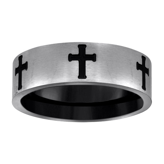 Stainless Steel Mens Black Laser Engraved Celtic Cross Brushed Comfort-Fit Fashion Bridal Anniversary Wedding Engagement Band Ring