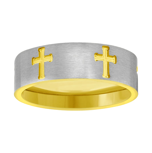 Stainless Steel Mens Two-Tone Cross Brushed Sizes 7 - 14 Comfort-Fit Fashion Bridal Anniversary Wedding Engagement Band Ring