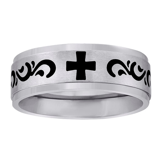 Stainless Steel Mens Two-Tone Black Greek Cross Center Brushed Comfort-Fit Fashion Bridal Anniversary Wedding Engagement Band Ring