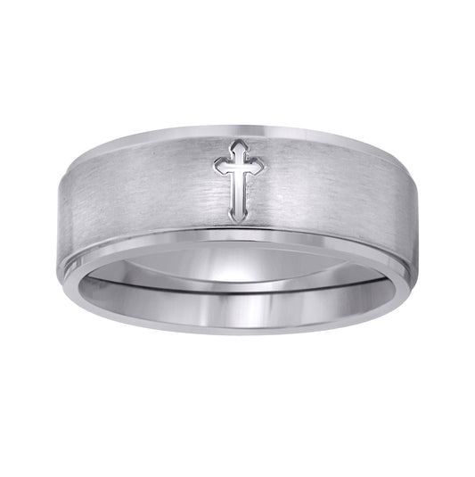 Stainless Steel Mens Center Brushed Engraved Cross Sizes 7 - 14 Comfort-Fit Fashion Bridal Anniversary Wedding Engagement Band Ring