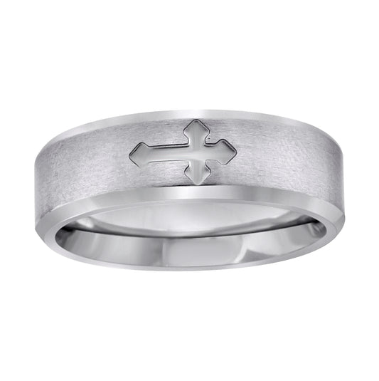 Stainless Steel Mens Center Brushed Cross Beveled Edges Sizes 7 - 14 Comfort-Fit Fashion Bridal Anniversary Wedding Engagement Band Ring
