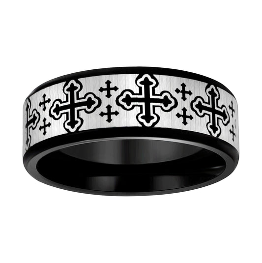 Stainless Steel Mens Cross Laser Pattern Sizes 7 - 14 Comfort-Fit Bridal Anniversary Engagement Wedding Band Ring