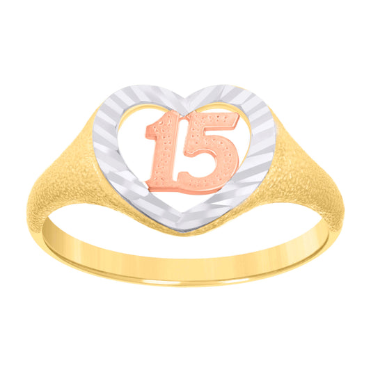 14K Gold Womens Tri-Color Diamond-Cut 15 Anos Heart Size 7 Quinceanera Band Ring