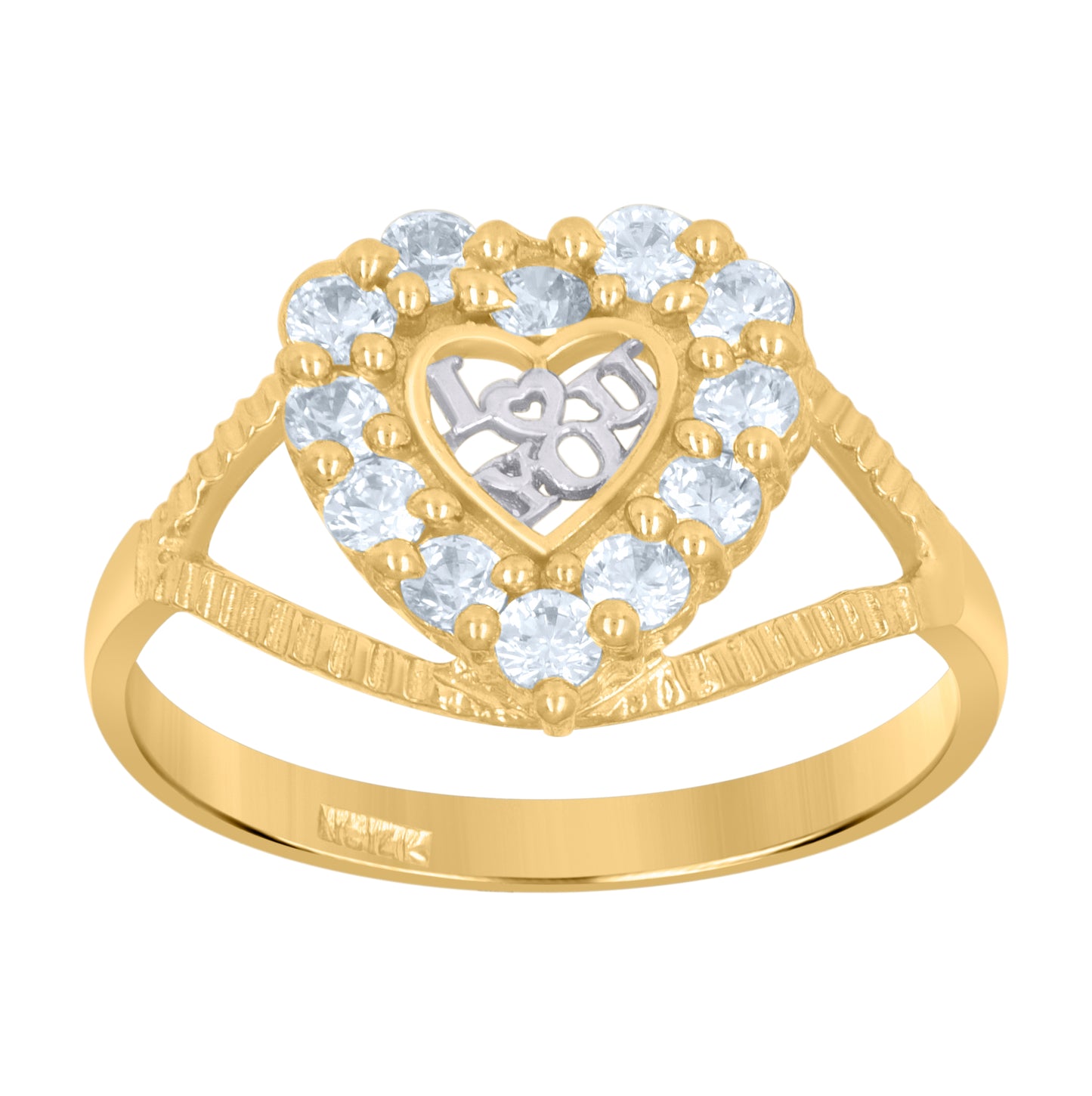 14K Two-Tone Gold Womens Cubic Zirconia I Love You Heart Band Ring