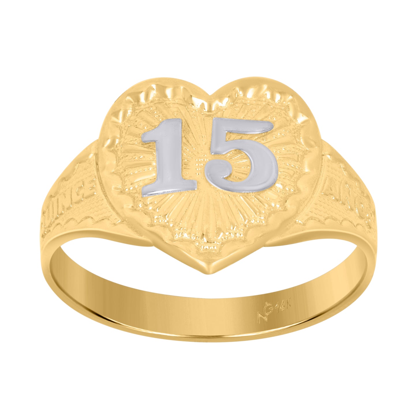 14K Gold Womens Two-Tone Diamond-Cut 15 Anos Size 7 Heart Quinceanera Band Ring