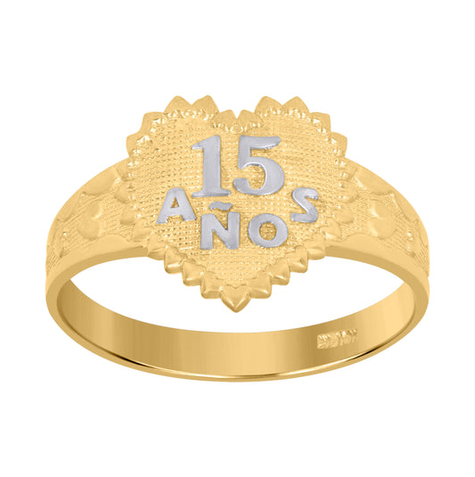 14K Gold Womens Two-Tone Diamond-Cut 15 Anos Heart Size 7 Quinceanera Band Ring