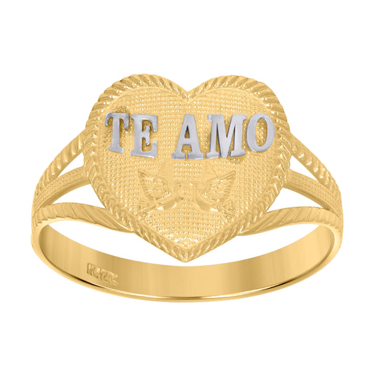 14K Gold Womens Two-Tone Te Amo Love Birds Size 7 Heart Band Ring
