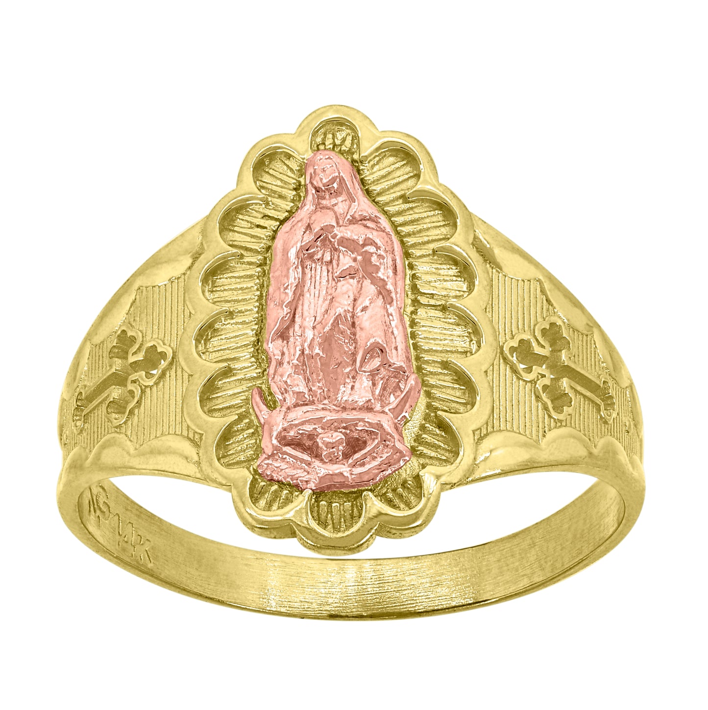 14K Gold Womens Two-Tone Guadalupe Mary Cross Size 7 Religious Band Ring