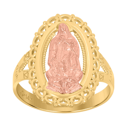 14K Gold Womens Two-Tone Guadalupe Mary Oval Head Size 7 Religious Band Ring