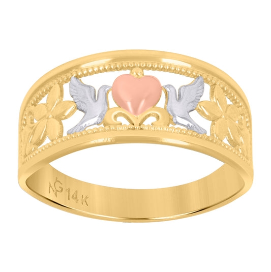 14K Gold Womens Tri-Color Heart Pigeons Size 7 Peace Band Ring