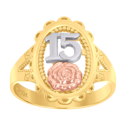 14K Gold Womens Tri-Color 15 Anos Flower Rose Size 7 Quinceanera Band Ring