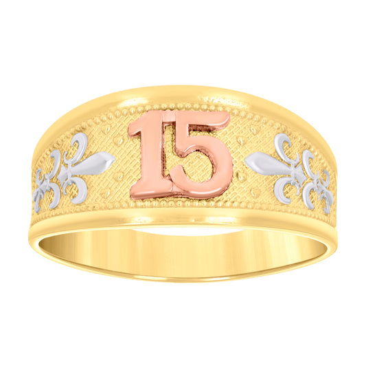 14K Gold Womens Tri-Color 15 Anos Size 7 Quinceanera Band Ring