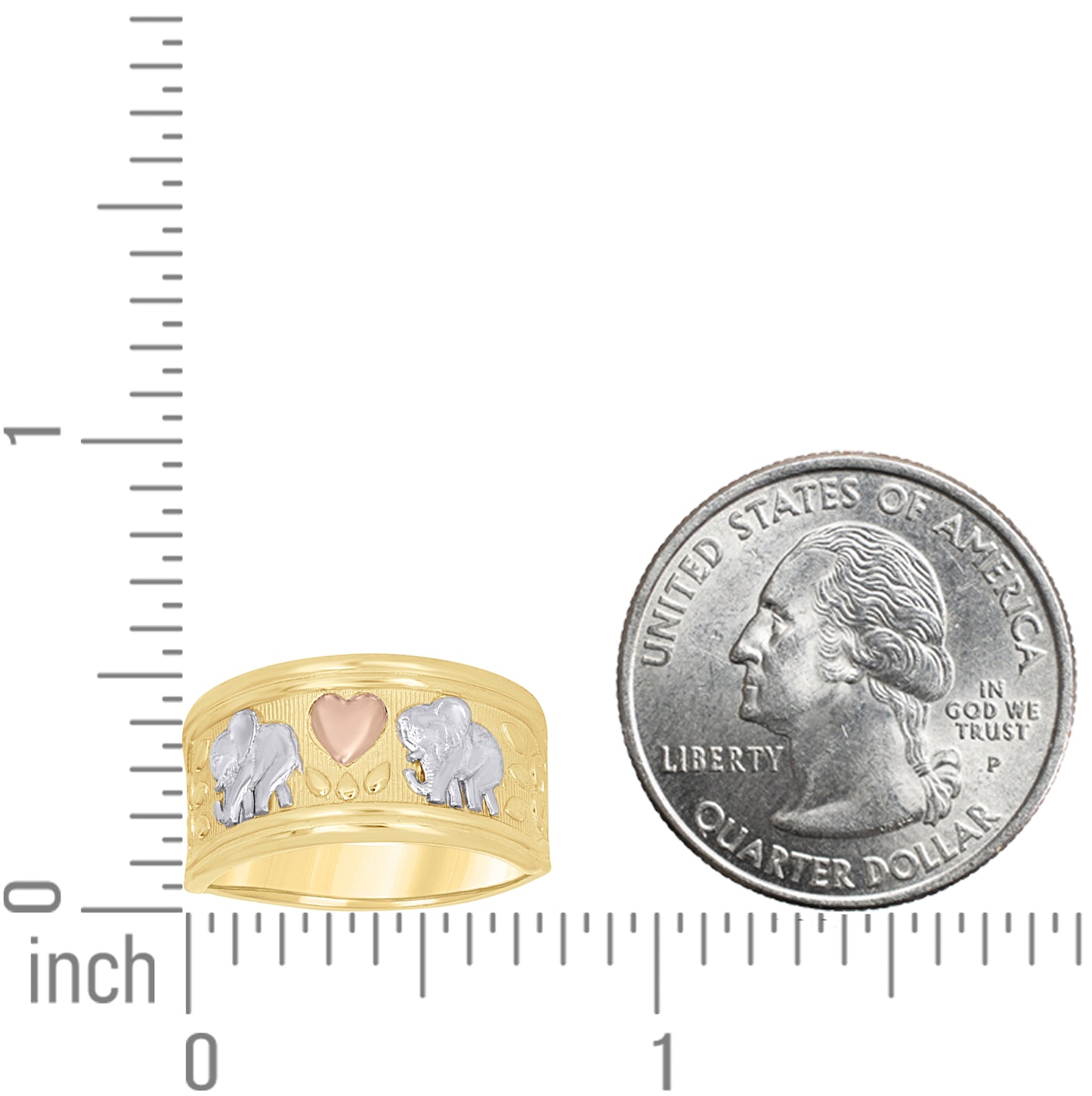 14K Tri-Color Gold Womens Heart Elephant Good Luck Ring