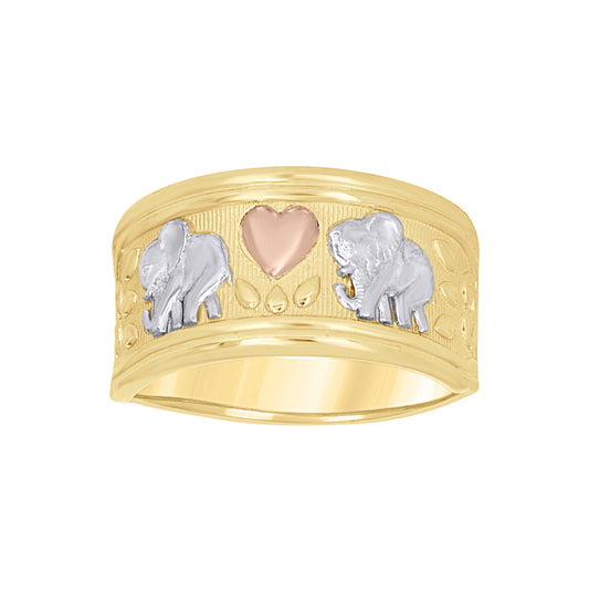 14K Tri-Color Gold Womens Heart Elephant Good Luck Ring