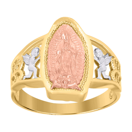 14K Gold Womens Tri-Color Guadalupe Mary Angel Size 7 Religious Band Ring