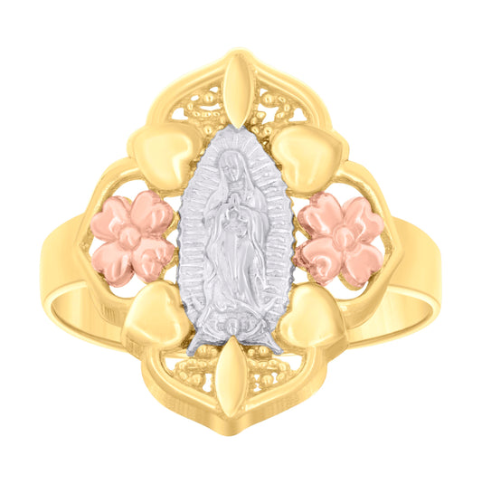 14K Gold Womens Tri-Color Guadalupe Mary Flower Heart Size 7 Religious Band Ring