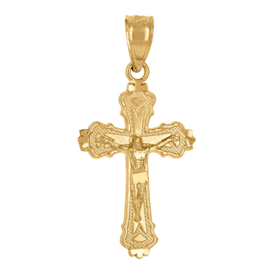 14K Yellow Gold Unisex Diamond-Cut Cross Crucifix Religious Charm Pendant