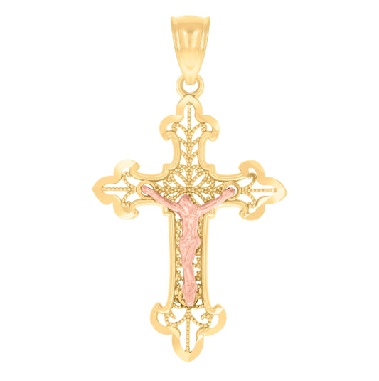 14K Gold Unisex Two-Tone Cross Crucifix Religious Pendant Charm