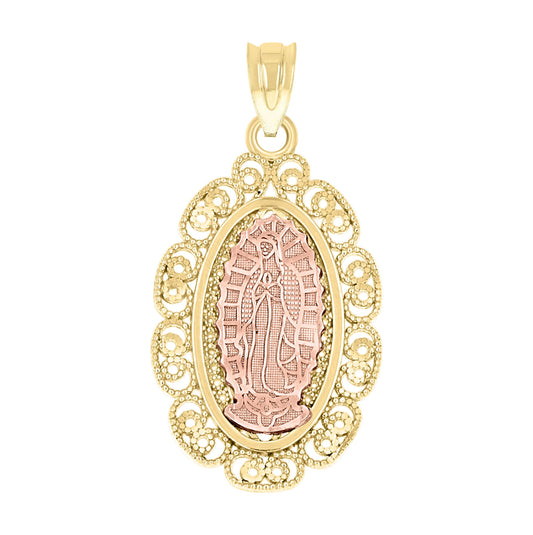 14K Gold Unisex Two-Tone Guadalupe Mary Oval Religious Pendant Charm