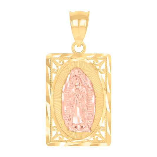 14K Gold Unisex Two-Tone Diamond-Cut Guadalupe Mary Rectangle Religious Pendant Charm